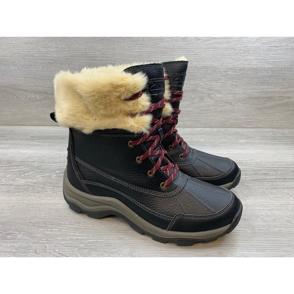 Clarks Women's Duck Boots Black Leather Faux Fur Trim‎ Winter 9.5 Casual Shoes